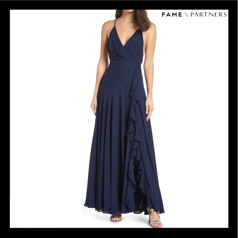 NEW FAME AND PARTNERS NAVY RUFFLE MAXI GOWN